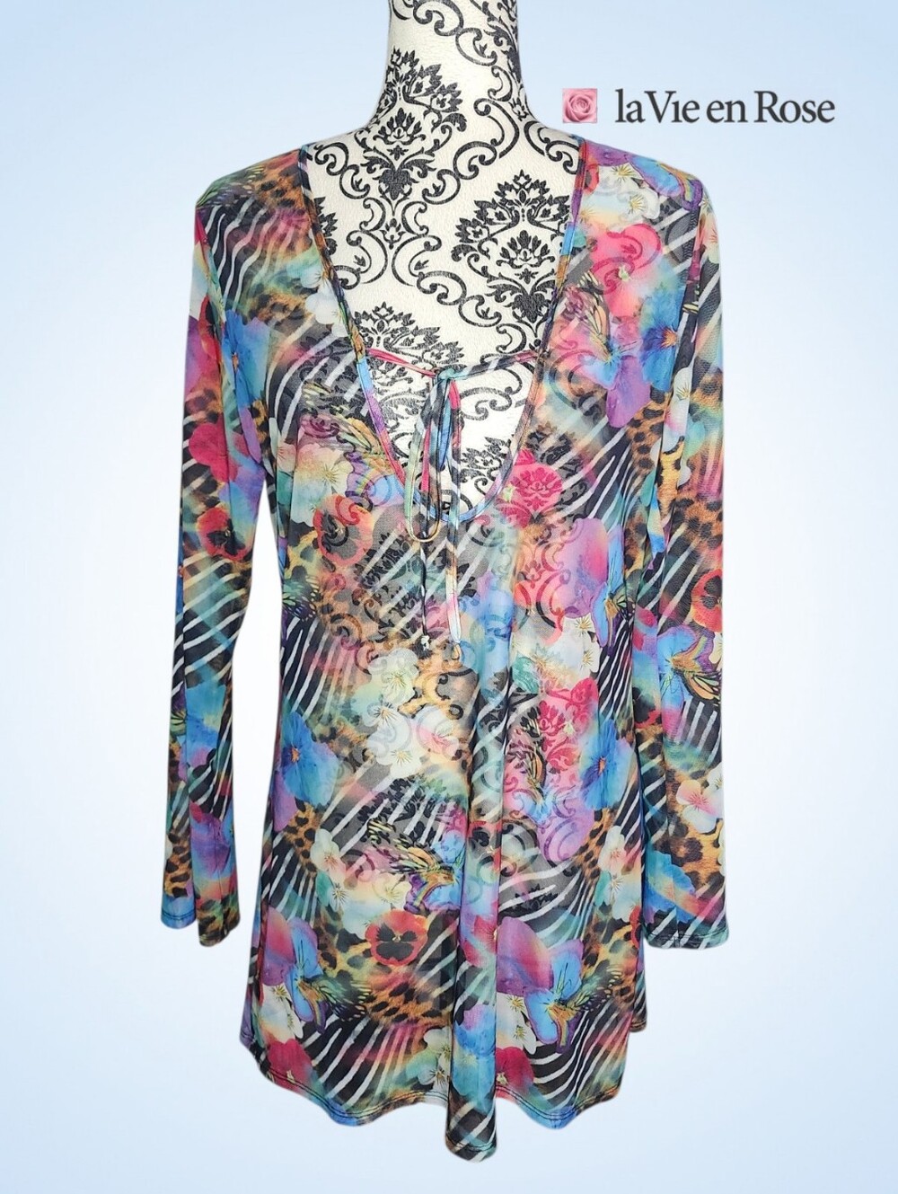 LA VIE EN ROSE Multicolor Sheer Tie-Front Beach Tunic - Small